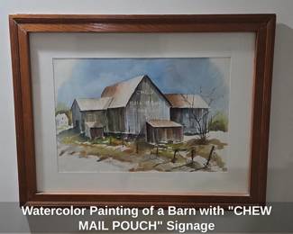 Watercolor Painting of a Barn with CHEW MAIL POUCH Signage