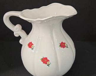 White Ceramic Pitcher with Poinsettia Design