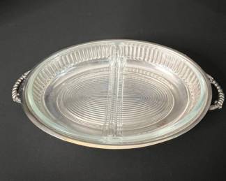 Vintage SilverPlated Divided Serving Dish with Ribbed Glass Insert