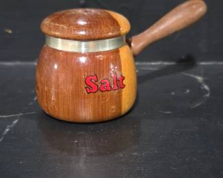 Vintage Wooden Salt and Pepper Pot Set with Metal Band and Handle