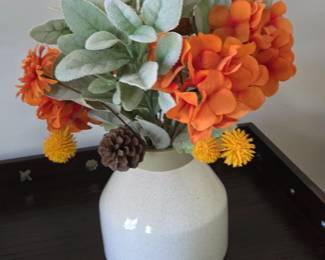 Artificial Fall Floral Arrangement with Orange Hydrangeas and Lambs Ear in Speckled Ceramic Vase