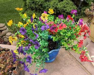 Artificial Flower Arrangement in Blue Ceramic Pot