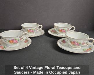 Set of Vintage Floral Teacups and Saucers  Made in Occupied Japan