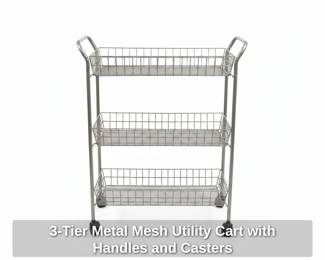 Tier Metal Mesh Utility Cart with Handles and Casters