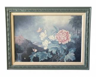 Vintage Floral Landscape Painting with Butterflies