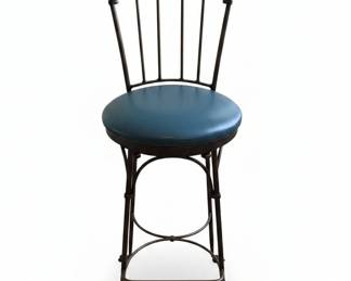 Pair of Charleston Forge Wrought Iron Bar Stools with Blue Upholstered Seats