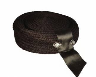 Vintage Brown Woven Pillbox Hat with Rhinestone Embellishment