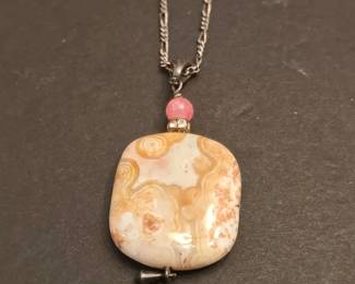Sterling Silver Crazy Lace Agate Pendant Necklace with Pink Stone second image