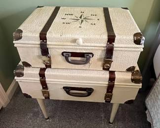 Vintage Suitcase Side Table with Compass Rose Graphic