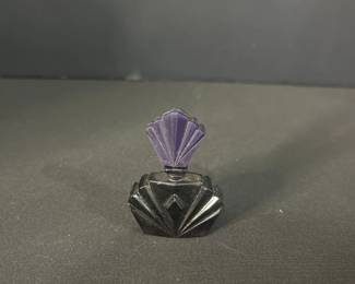 Art Deco Black Glass Perfume Bottle with Purple Fan Stopper