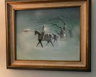 Vintage Western Cowboy Horse Rider Snow Scene Painting