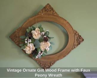 Vintage Ornate Gilt Wood Frame with Faux Peony Wreath