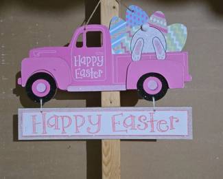 Pink Truck with Easter Eggs and Bunny Tail Hanging Decor