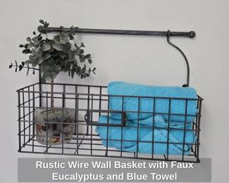 Rustic Wire Wall Basket with Faux Eucalyptus and Blue Towel