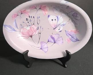 HandPainted Oval Decorative Tray with Floral and Butterfly Motif