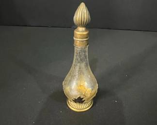 Vintage Etched Glass Perfume Bottle with Ornate Brass Cap and Foot
