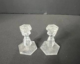 Val St. Lambert Hexagonal Crystal Candlesticks Pair