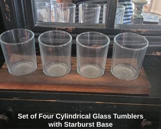 Set of Four Cylindrical Glass Tumblers with Starburst Base