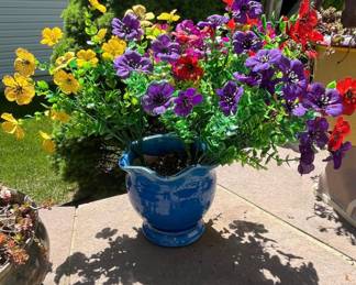 Artificial Flower Arrangement in Blue Ceramic Pot