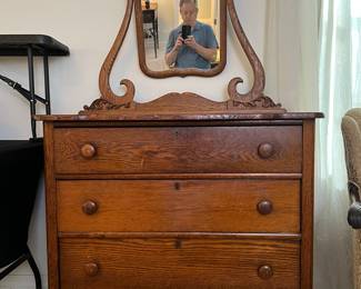 Antique Tiger Oak Serpentine Dresser with Mirror
