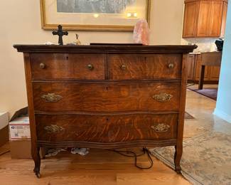 Antique Tiger Oak Serpentine Dresser with Cherub Brass Pulls