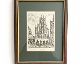 Framed Etching of the Rathaus in Münster by Hermann Braun