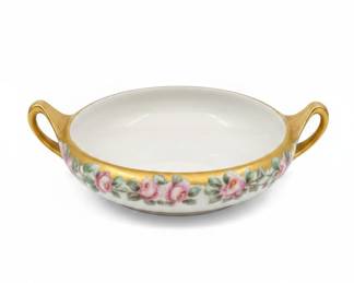 Porcelain Trinket Dish with Floral Motif and Gilt Handles