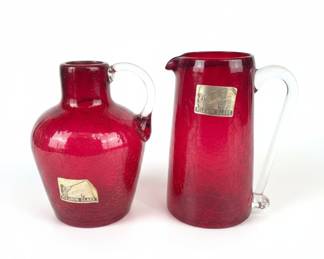 Pilgrim Glass Cranberry Crackle Glass Pitcher Set