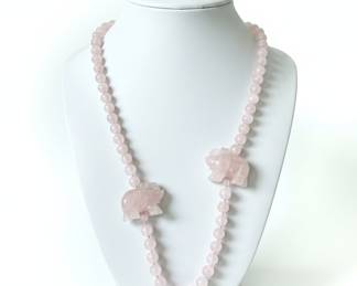 Rose Quartz Beaded Necklace with Carved Elephant Charms