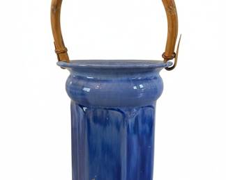 Blue Ceramic Jardiniere with Bamboo Handle