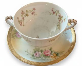 Haviland Limoges Soup Cup and Saucer Set - Schleiger 228i Pink Roses