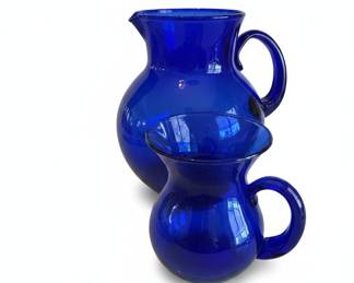 Set of Two Cobalt Blue Handblown Glass Pitchers
