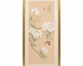 Vintage Chinese Peony and Butterfly Scroll Painting