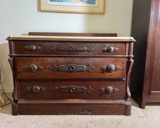 Victorian Walnut Marble Top Dresser with Carved Fruit and Nut Accents