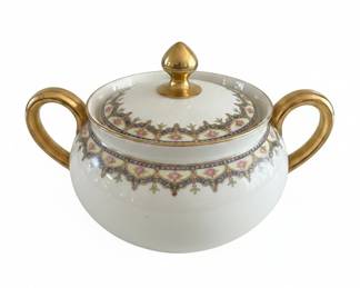 Porcelain Sugar Bowl with Gold Gilt Handles and Floral Motif - Victoria Austria