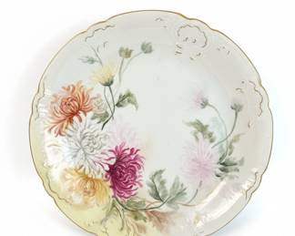 Hand-Painted Porcelain Plate with Chrysanthemum Motif by L.M.