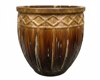 Large Glazed Ceramic Planter Pot with Drip Glaze and Geometric Pattern