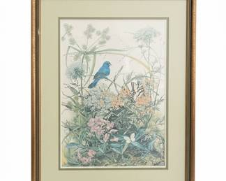 Framed Print of Indigo Bunting and Butterflies by Sallie Ellington Middleton
