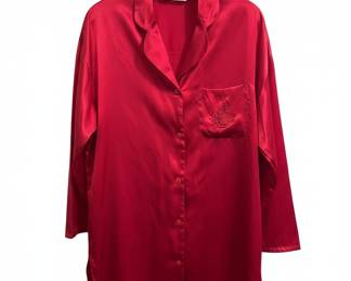 Victoria's Secret Red Satin Button-Up Pajama Top with Floral Embroidery