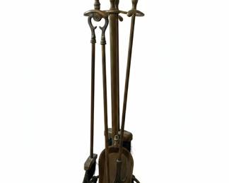 Vintage Brass Fireplace Tool Set with Stand and Decorative Finials