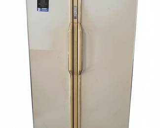 White Side-by-Side Refrigerator with Gold Trim