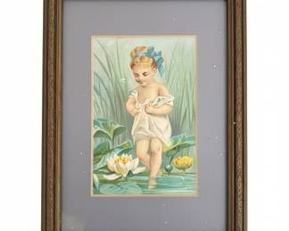 Victorian Chromolithograph of a Child with Water Lilies by Bessie Pease Gutmann