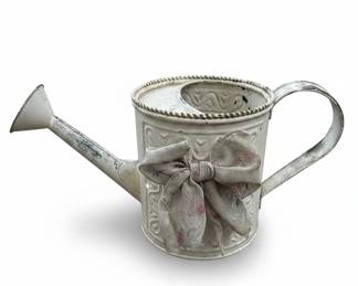 Vintage Embossed Metal Watering Can with Floral Fabric Bow