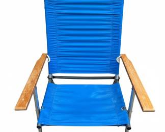 Blue Fabric Folding Beach Chair with Wooden Armrests