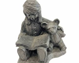 Michael Ricker Pewter Figurine of a Girl Reading with a Teddy Bear