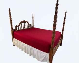 Vintage Oak Four-Poster Bed Frame with Carved Headboard