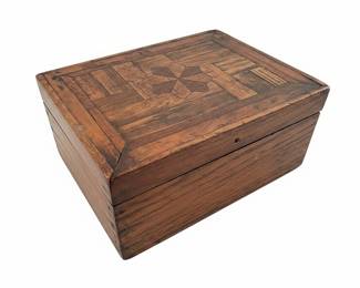Antique Marquetry Inlaid Wooden Keepsake Box with Inscriptions