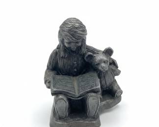 Pewter Figurine of a Girl Reading with Teddy Bear by Ricker Bartlett Casting Studio