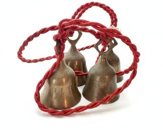 Set of Four Brass Temple Bells on Red Cord with Tassel