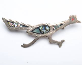 Vintage Mexican Sterling Silver Abalone Roadrunner Brooch Pin, Plata 925